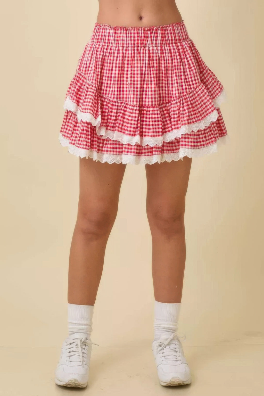 Gingham-Rüschen-Skort mit ausgestelltem Rockteil und Zacken-Spitze unten