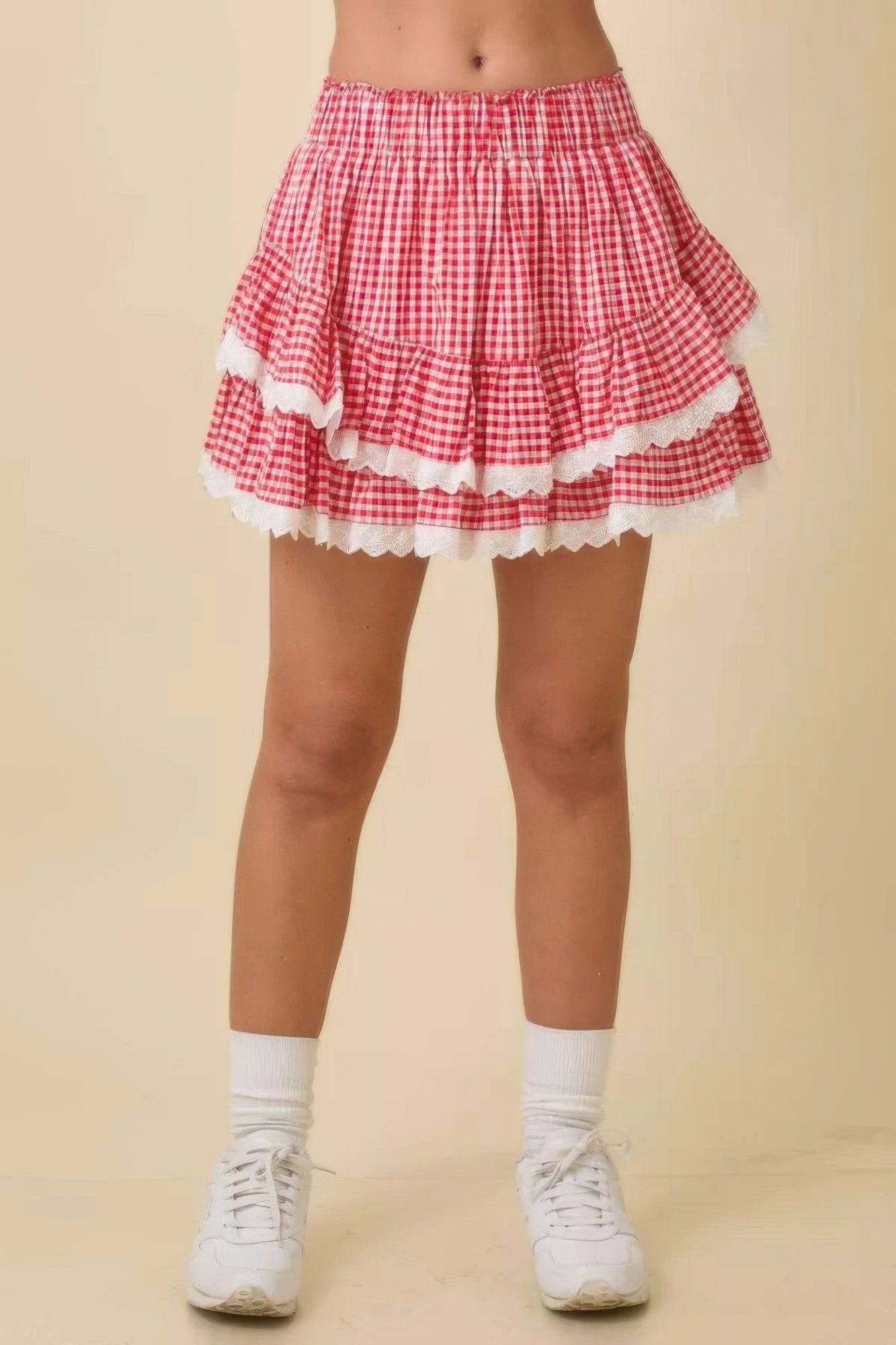 Gingham-Rüschen-Skort mit ausgestelltem Rockteil und Zacken-Spitze unten