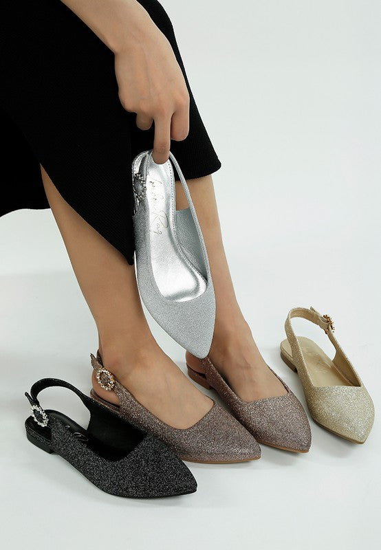 Giora glitter point-toe slingback flats in silver sparkle, jeweled buckle detail