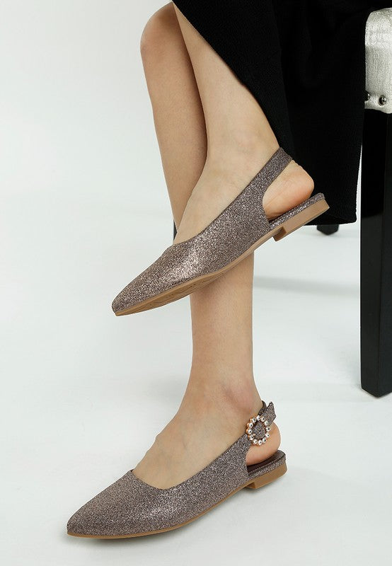 Glitter point-toe slingback flats in bronze sparkle with jeweled ankle strap detail