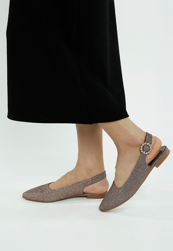 Bronze glitter point-toe slingback flats with jeweled strap and low heel