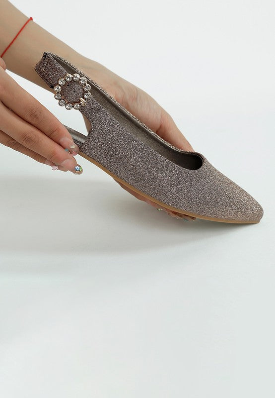 Glitter point-toe slingback flats in dark bronze with jeweled front strap