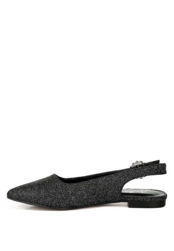 Black glitter point-toe slingback flats, low heel, jeweled ankle strap