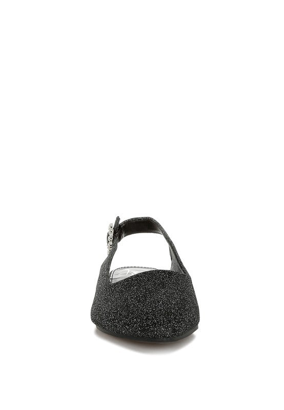 Back view: black glitter point-toe slingback flats with slingback strap