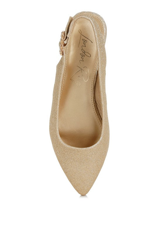 Giora glitter point-toe slingback flat sandal, bronze-gold sparkle with small buckle detail