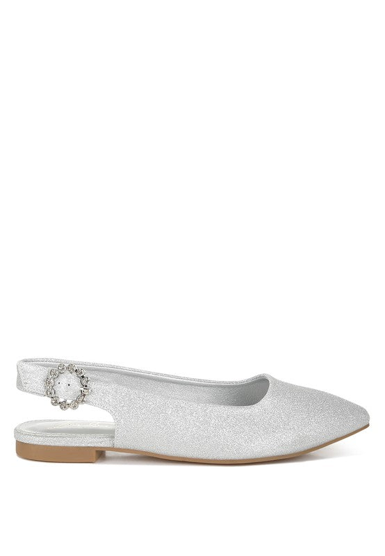 Silver glitter point-toe flat sandal with jeweled chain detail on slingback strap