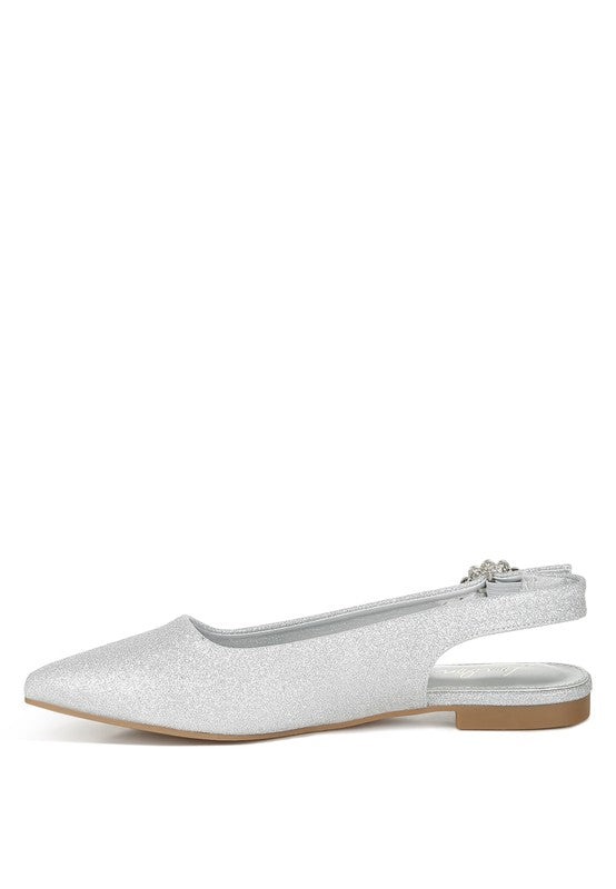 Silver glitter point-toe flat sandal with slingback strap and low flat sole