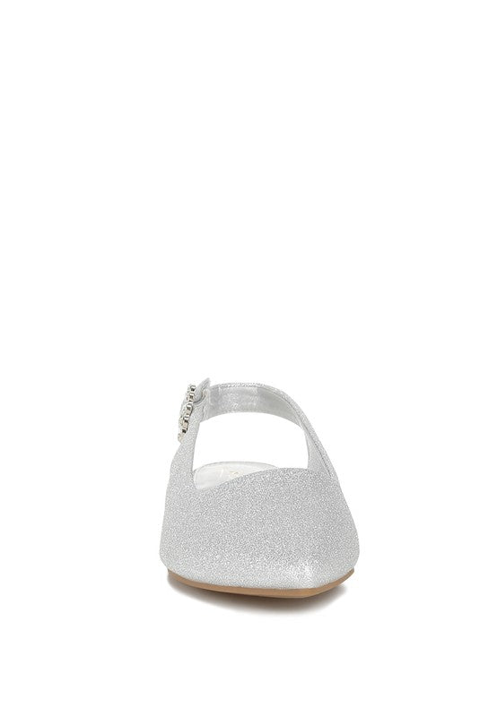 Silver glitter slingback flat sandal from back view with chain detail at heel