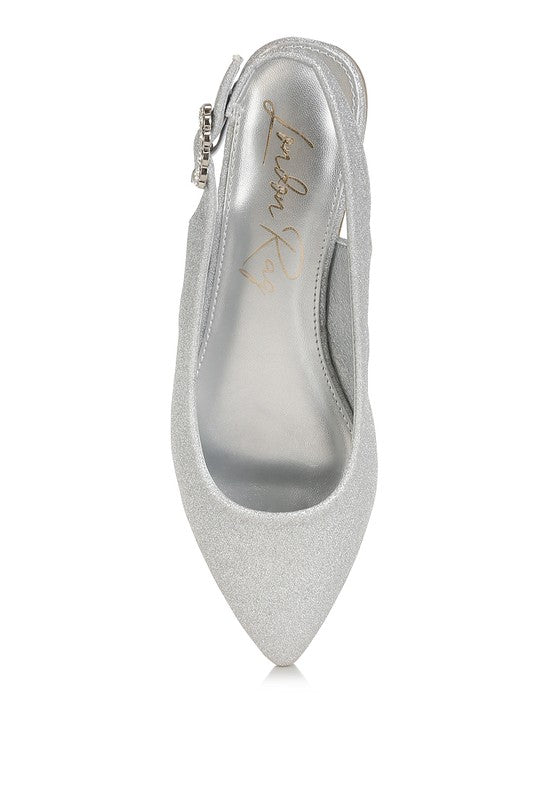 Silver glitter point-toe slingback flat sandal, front view with slim chain heel strap