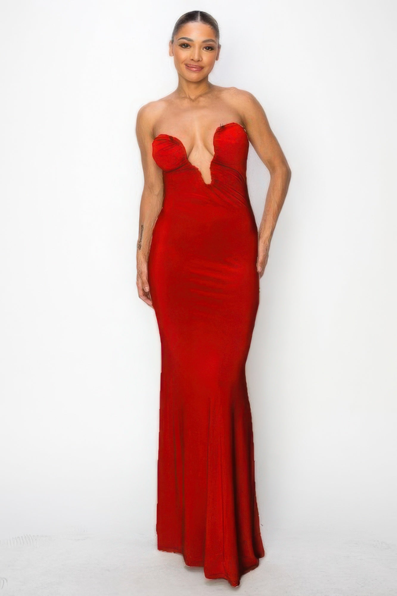 Glitter ITY tube maxi dress in red, strapless sweetheart neckline, fitted skirt