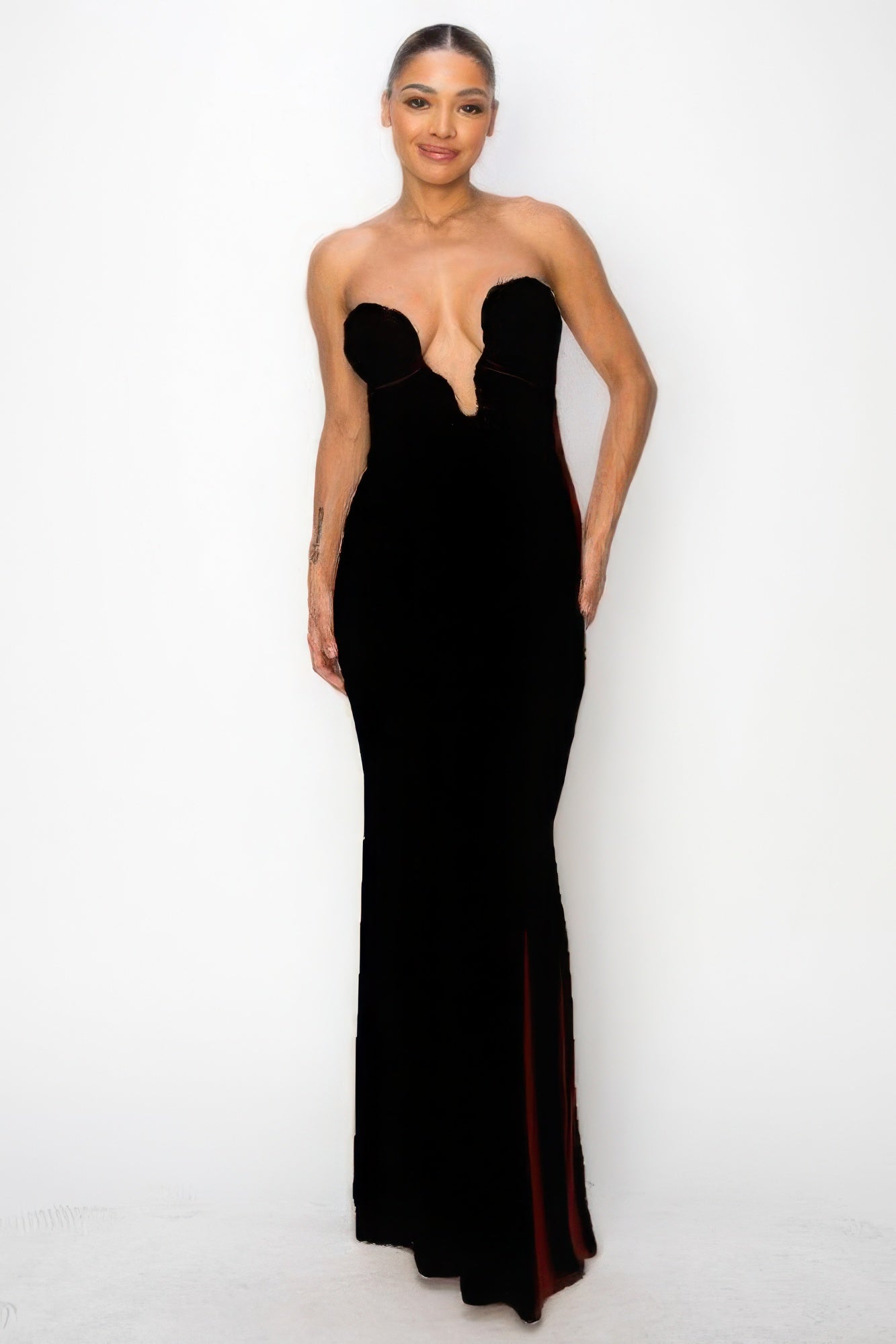 Glitter ITY tube maxi dress in black, strapless sweetheart bodice, long fitted hem