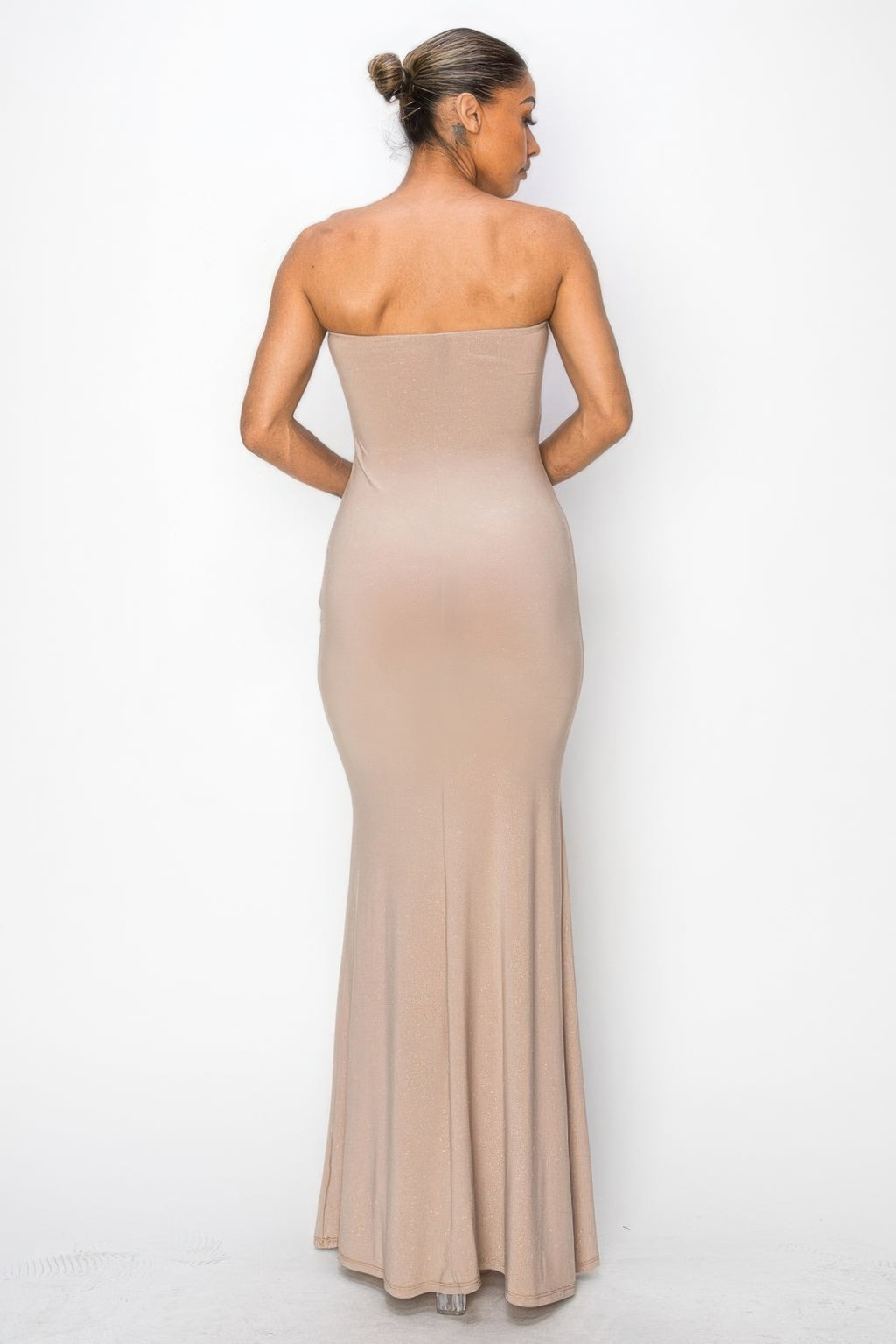 Nude back view tube maxi dress, strapless straight back with long flowing skirt