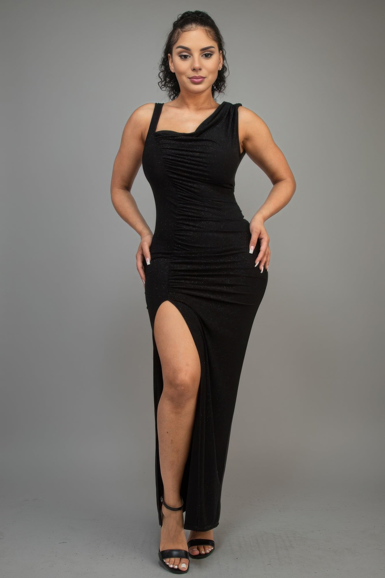 Black glitter slit dress, ruched bust and single side slit at the hem