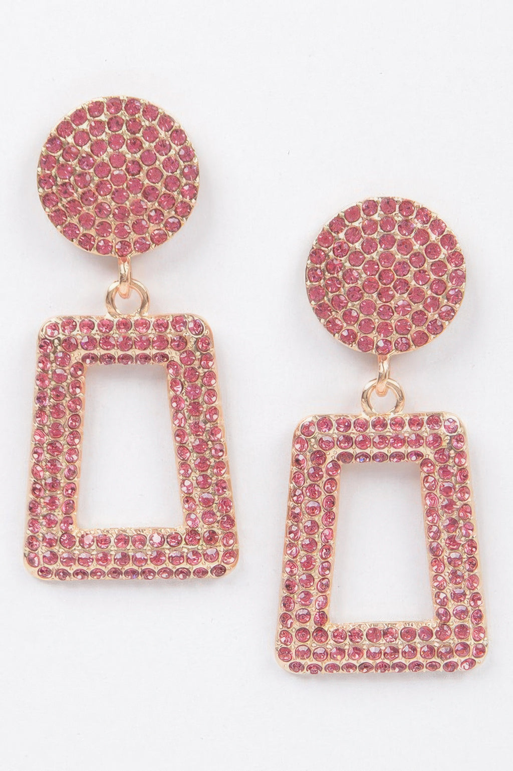 Glittered bead drop earrings in fuchsia/pink: round stud with square hollow drop
