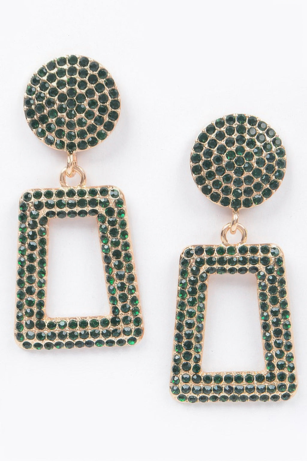 Glittered bead drop earrings in green: round top with square hollow drop