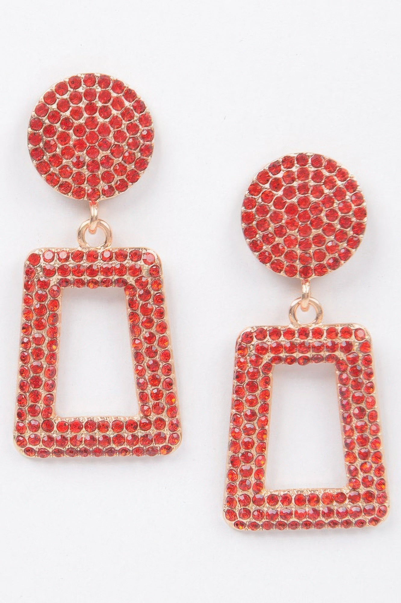 Glittered bead drop earrings in red: round top with square hollow drop