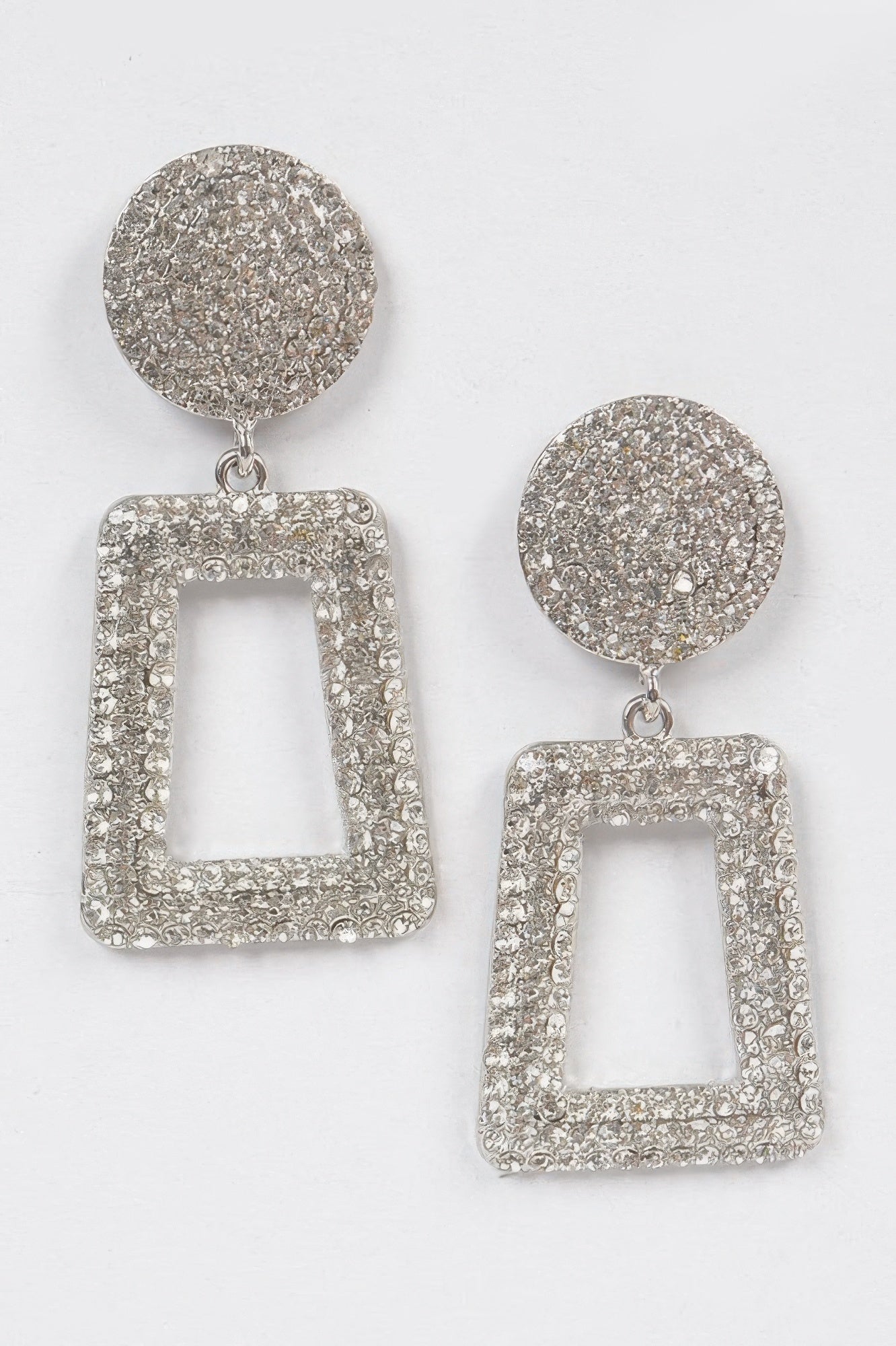 Glittered bead drop earrings in silver: round top with square hollow drop