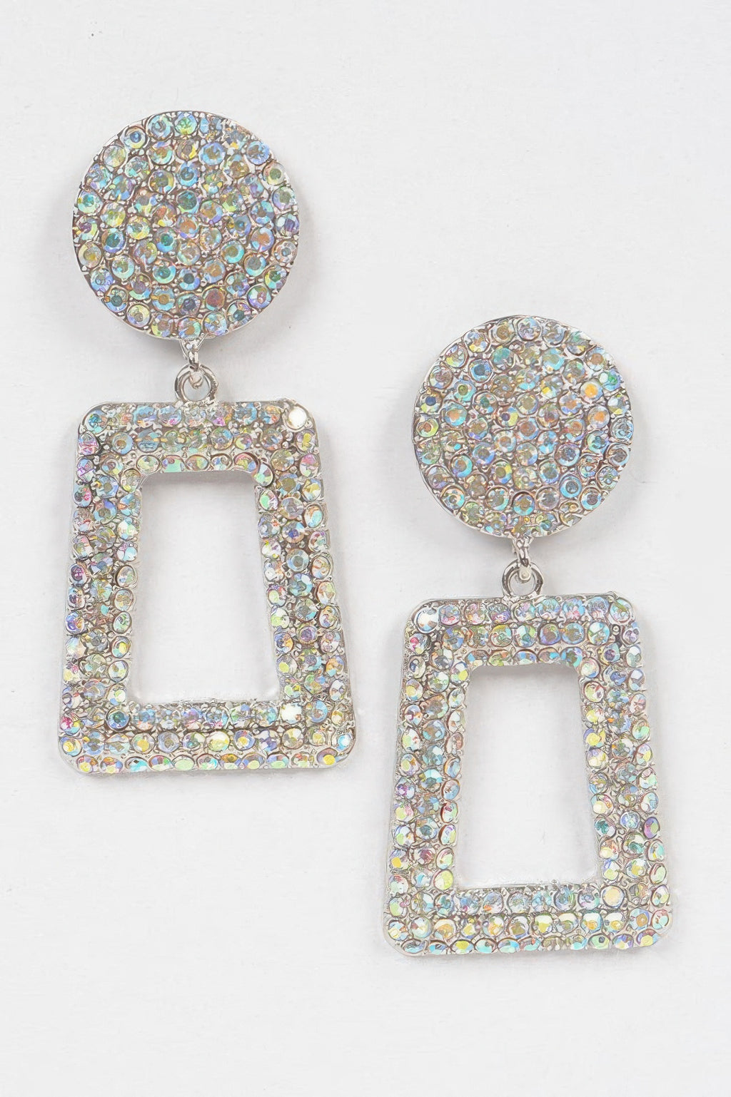 Glittered bead drop earrings with iridescent AB stones: round top and square drop