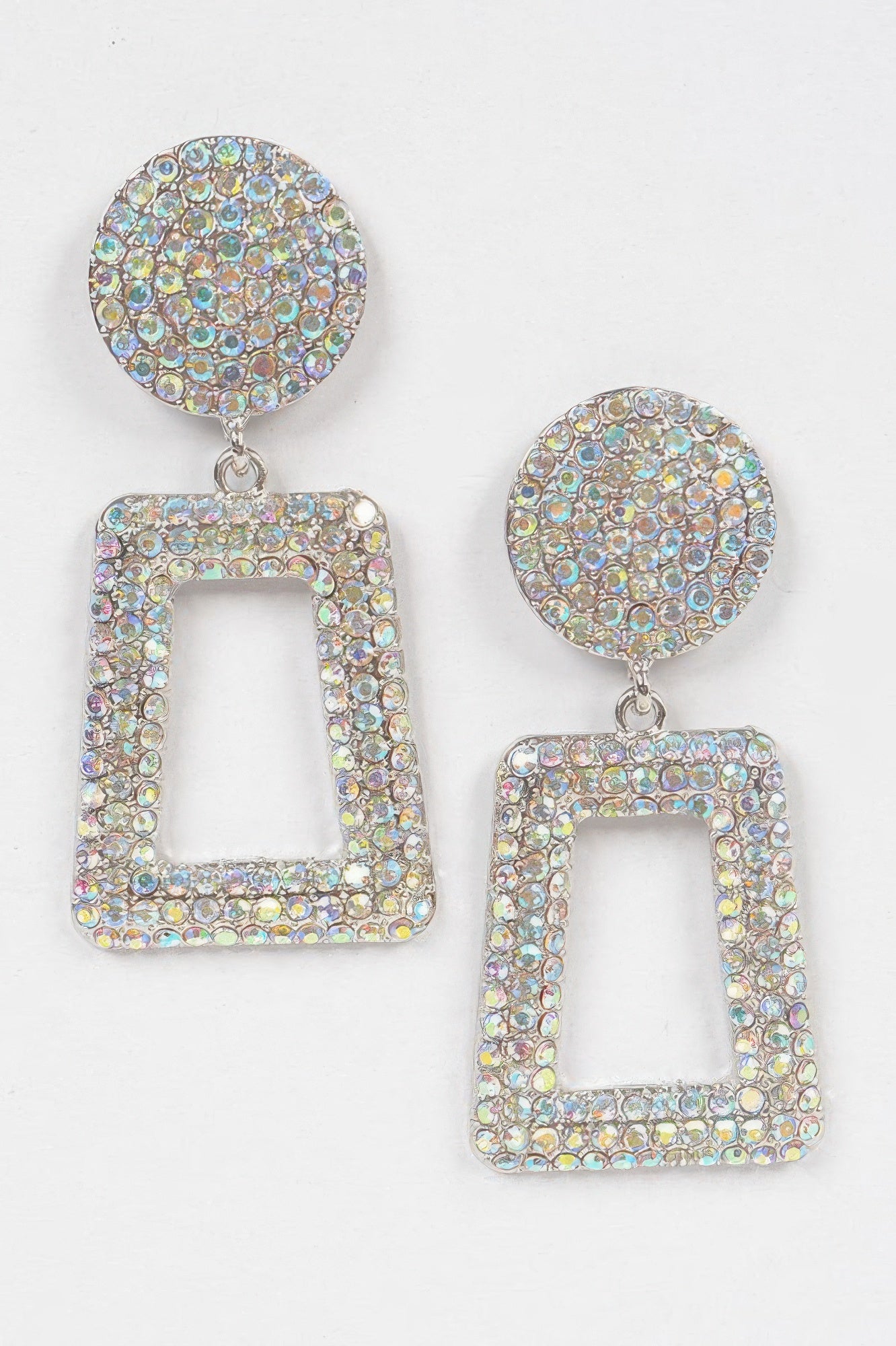 Glittered bead drop earrings with iridescent AB stones: round top and square drop