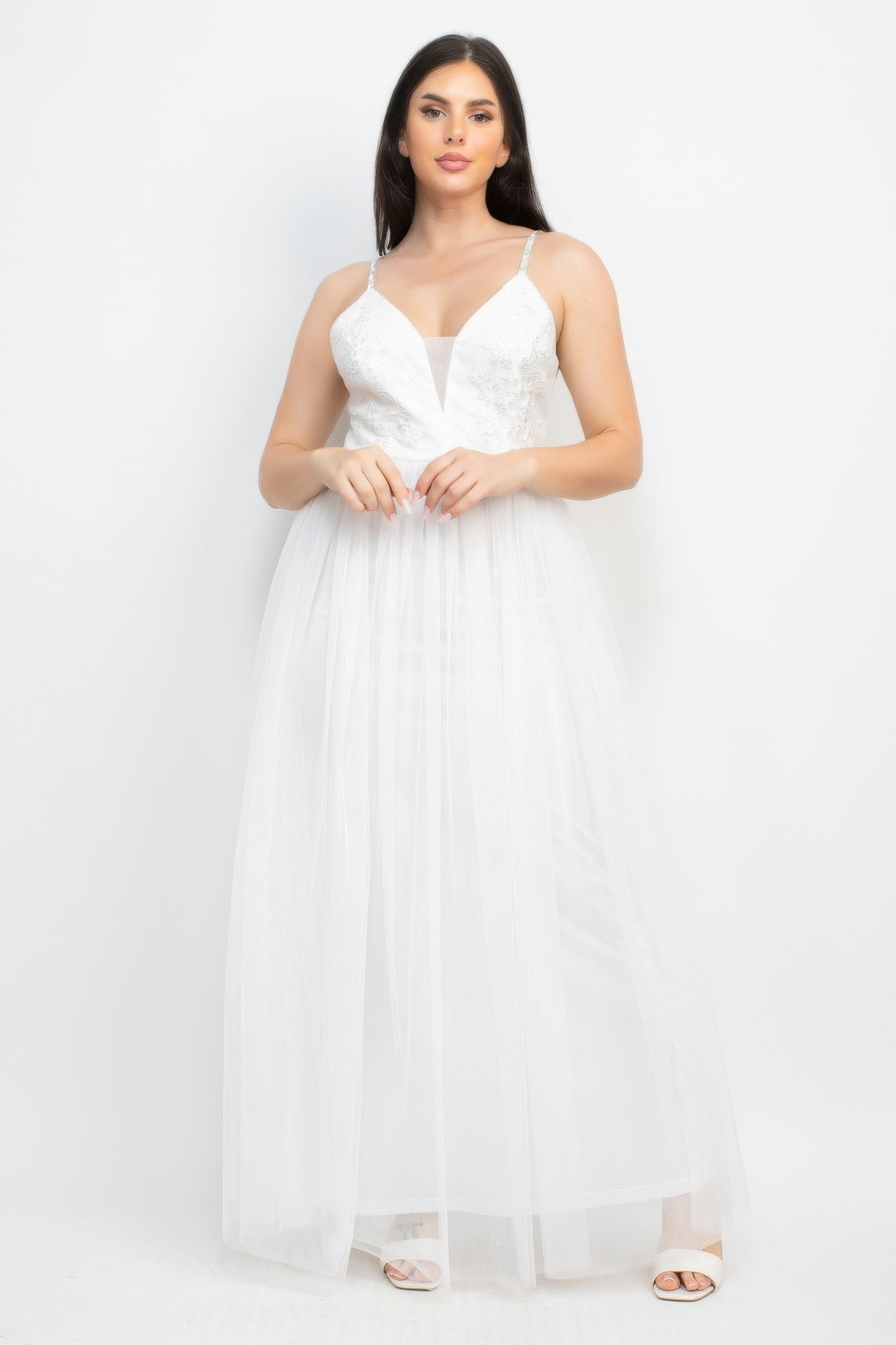 Off-white glitter strap mesh maxi dress with V-neck bodice and tulle skirt