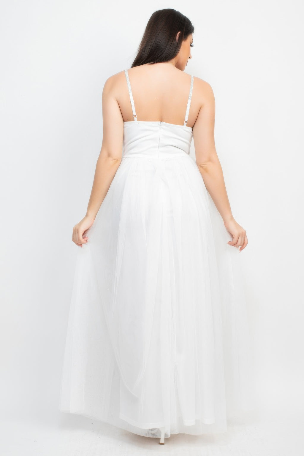 Off-white back view glitter strap mesh maxi dress with open V-back and tulle skirt