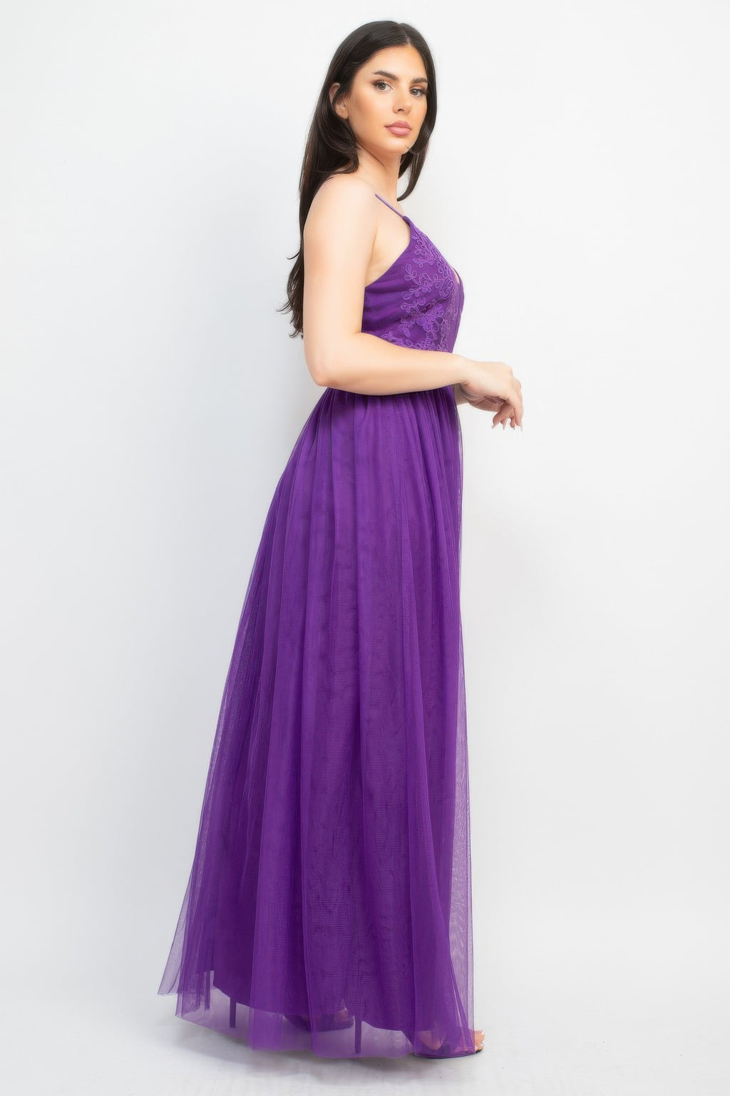 Purple glitter strap mesh maxi dress, side view with V-neck and flowing tulle skirt