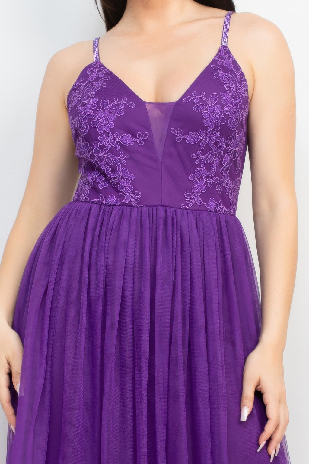 Purple glitter strap mesh maxi dress close-up: embroidered bodice and gathered tulle skirt