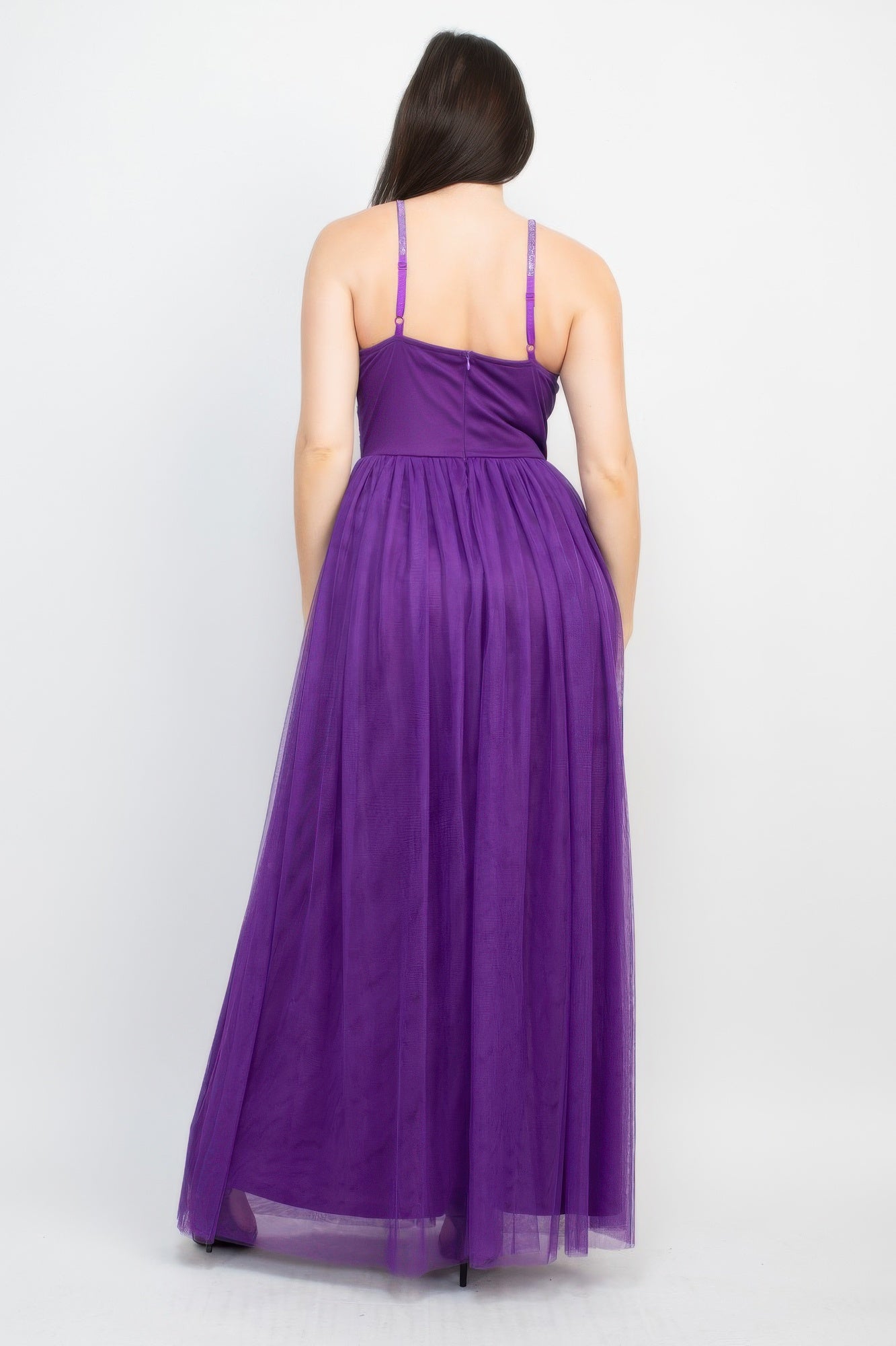 Purple back view glitter strap mesh maxi dress with V-back and full tulle skirt