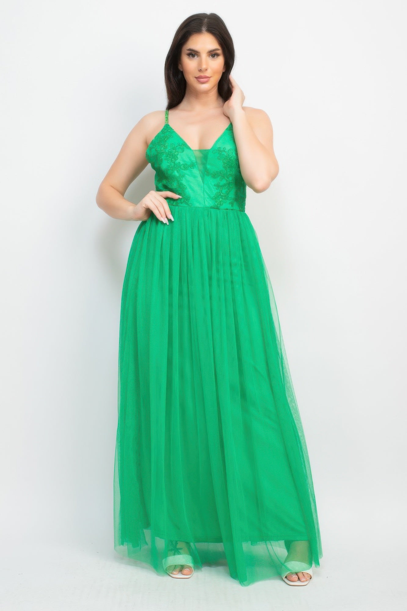 Green glitter strap mesh maxi dress with V-neck bodice and airy tulle skirt