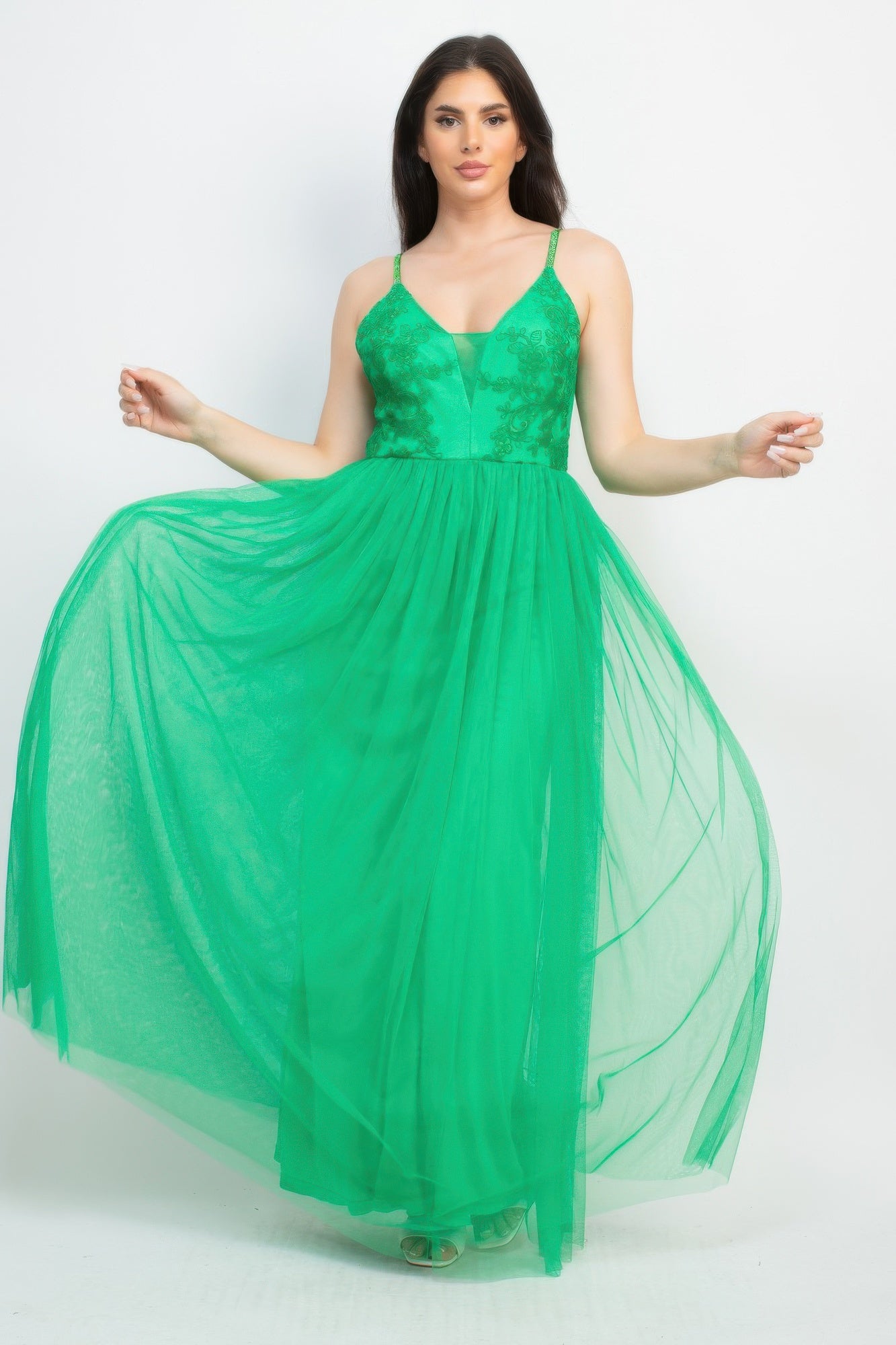 Green glitter strap mesh maxi dress with flared tulle skirt for twirl effect