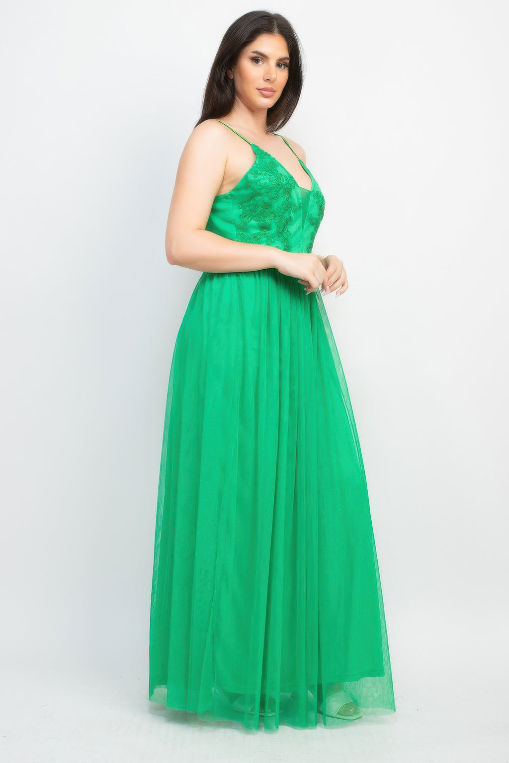 Green glitter strap mesh maxi dress, front side view with V-neck and tulle skirt