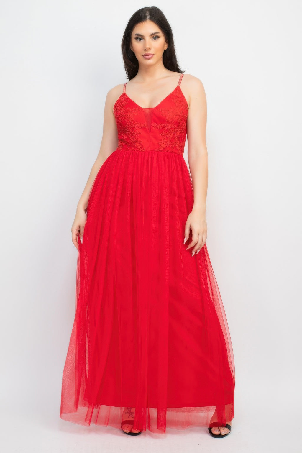 Red glitter-strap mesh tulle maxi dress, V-neck bodice, full gathered skirt