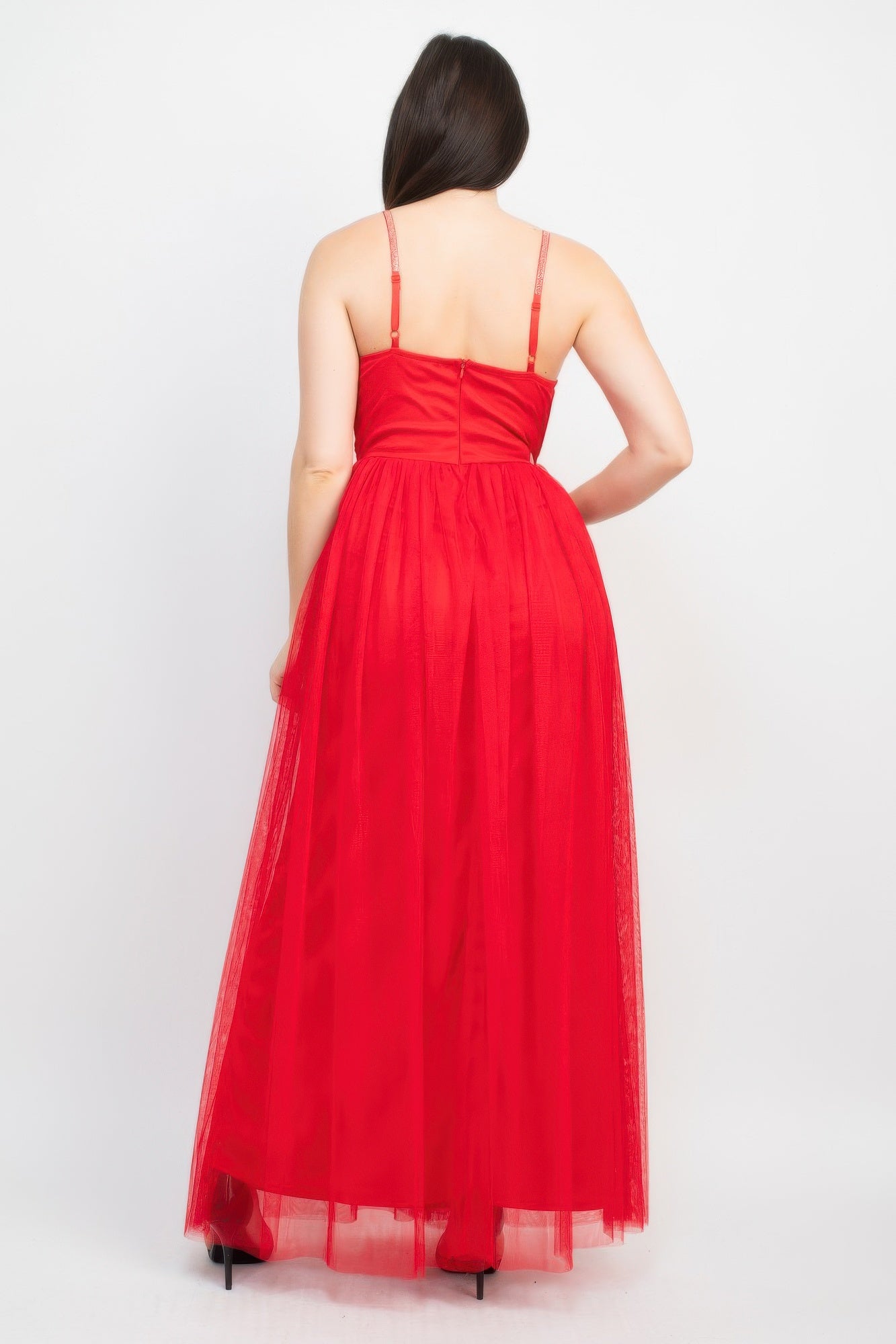 Red mesh tulle maxi dress back view with adjustable straps and gathered waist