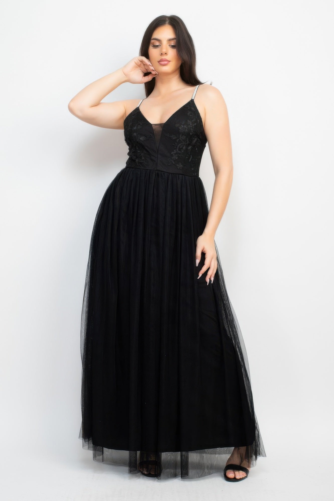 Black glitter-strap mesh tulle maxi dress with V-neck bodice and gathered skirt