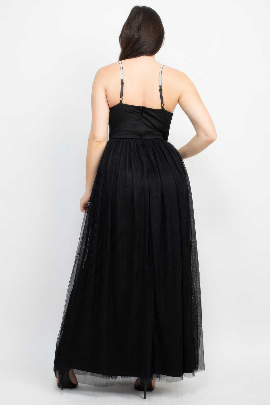 Black mesh tulle maxi dress back view with thin straps and full tulle skirt