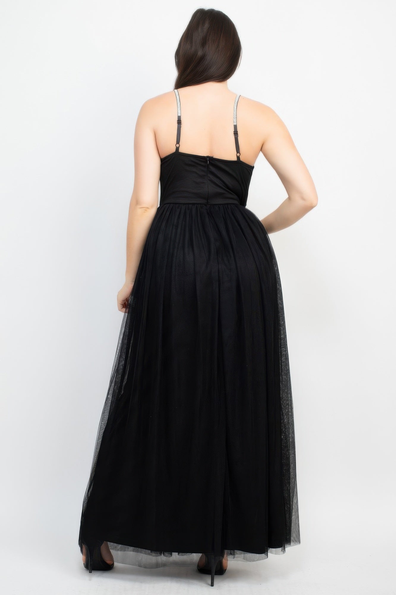 Black mesh tulle maxi dress back view with thin straps and full tulle skirt