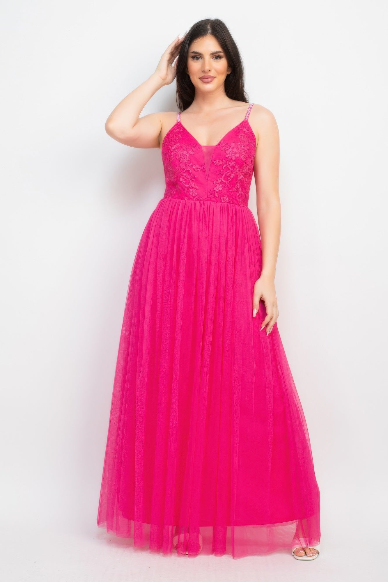 Hot pink glitter-strap mesh tulle maxi dress with V-neck bodice and gathered skirt