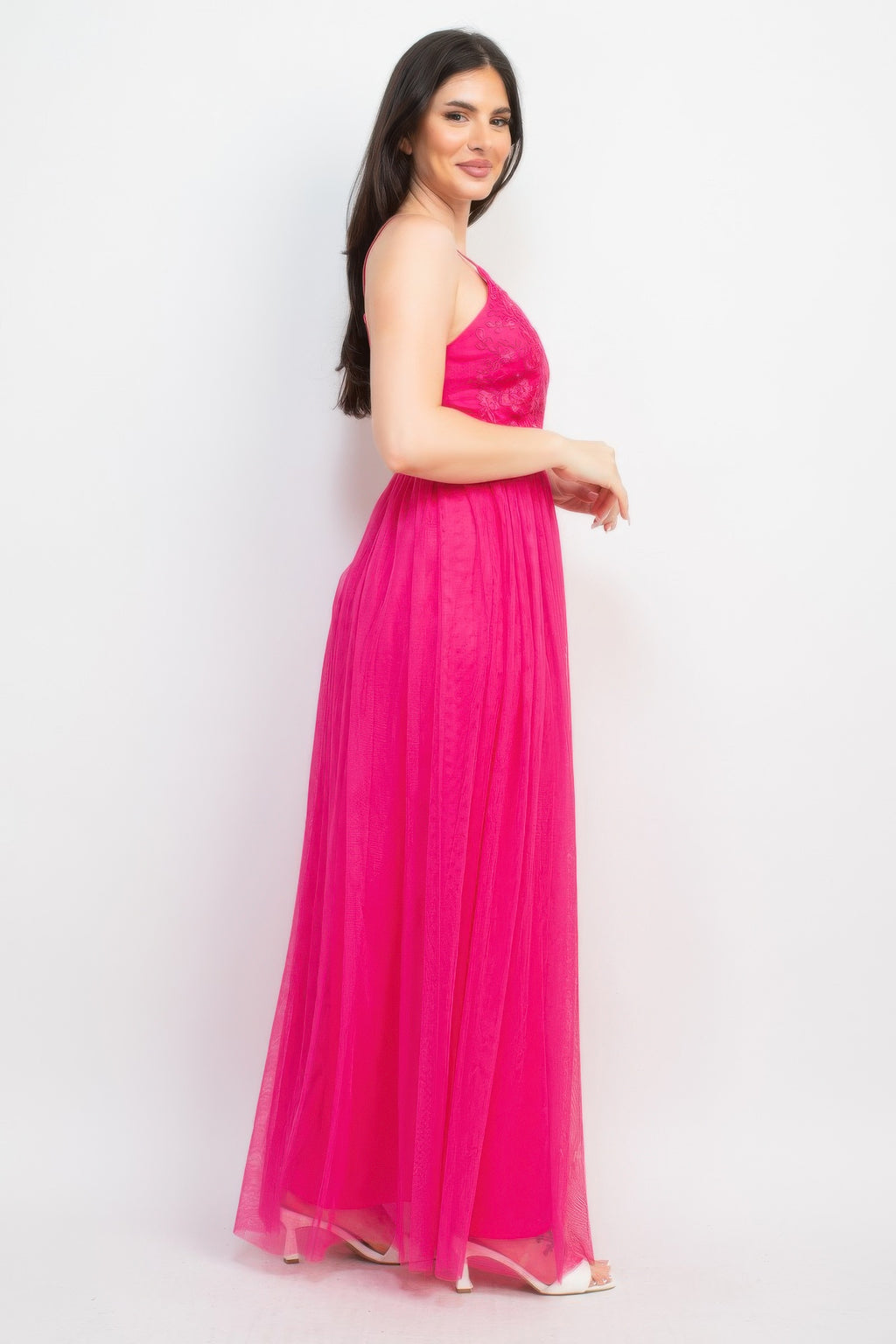 Hot pink mesh tulle maxi dress, sleeveless V-neck, flowing full-length skirt