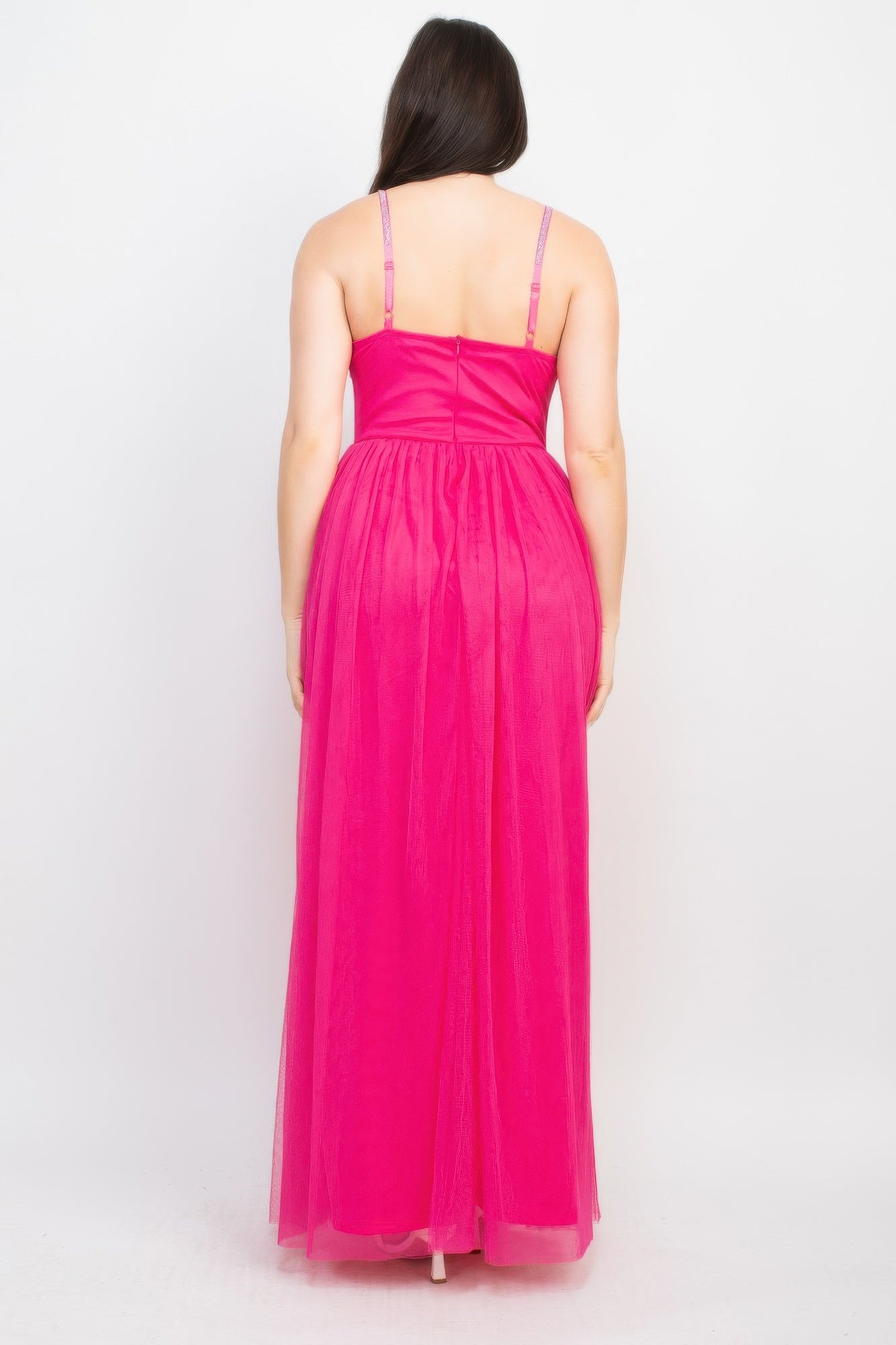 Hot pink maxi mesh tulle dress with glittered spaghetti straps, open back