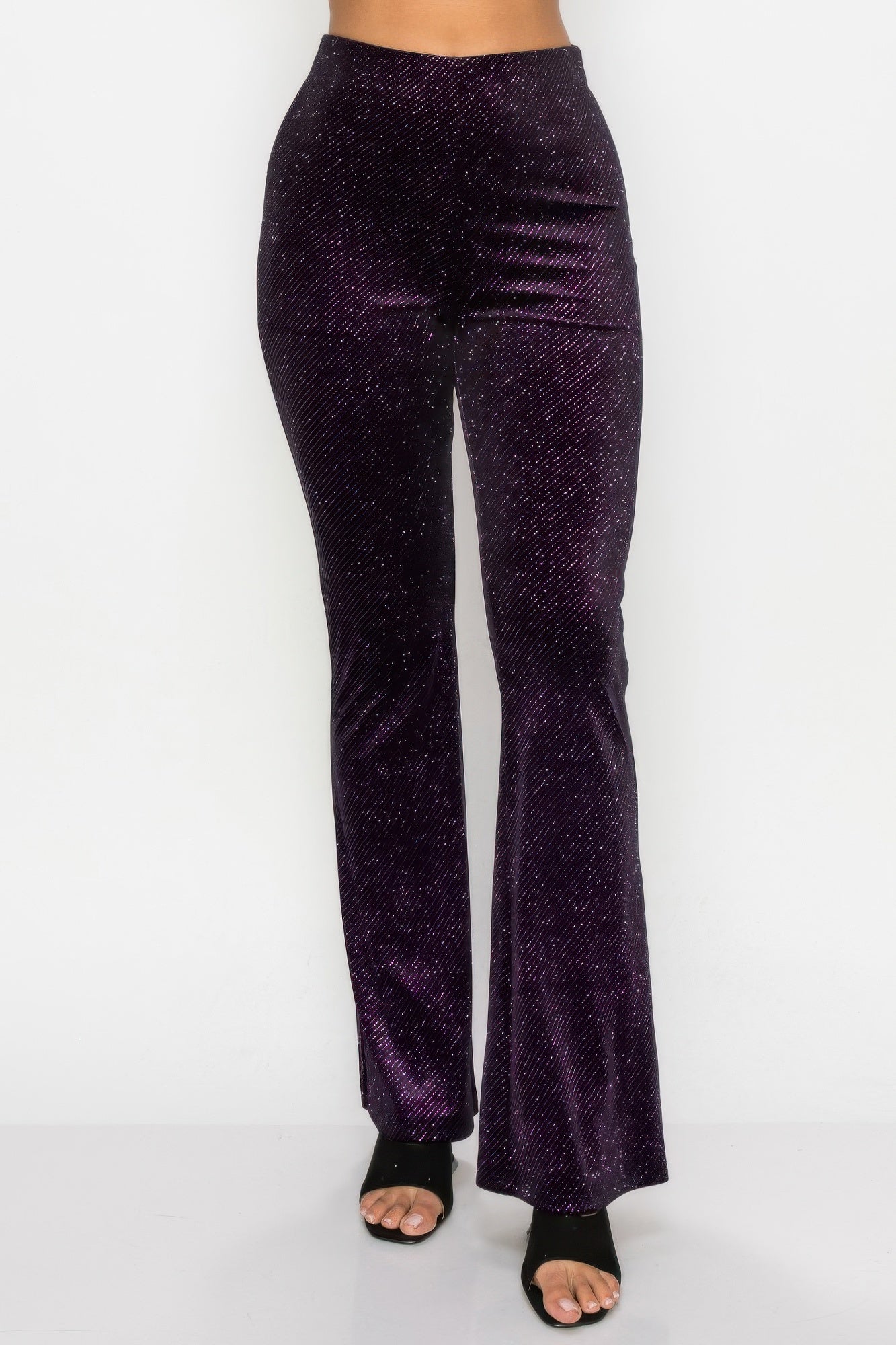 Glittery flare high-rise elastic pants, black with purple shimmer