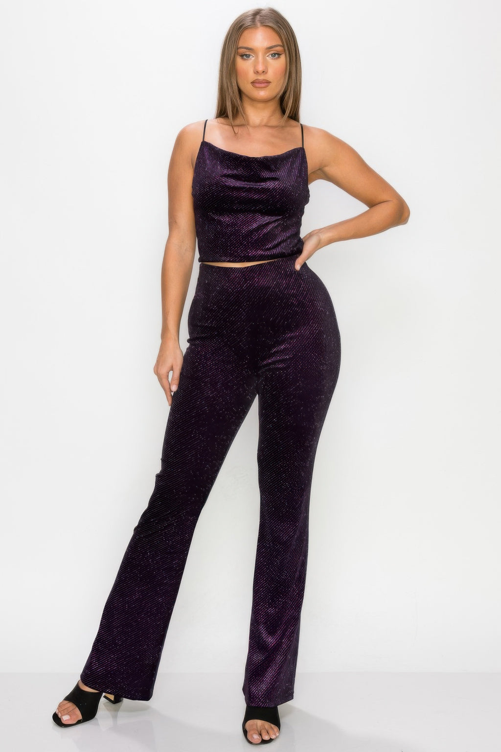Glittery flare high-rise elastic pants, black-purple glitter, wide flared leg