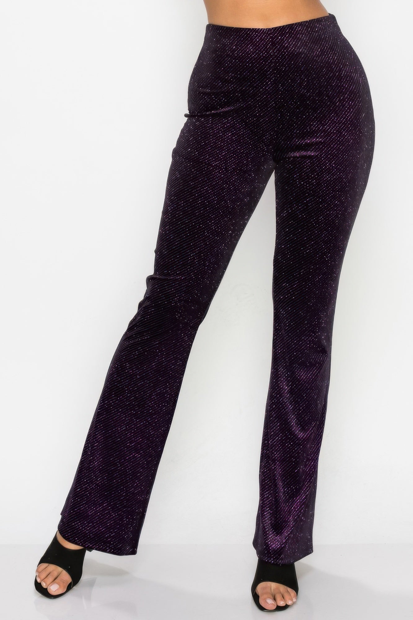 Glittery flare high-rise pants with elastic waistband, black-purple sparkly fabric