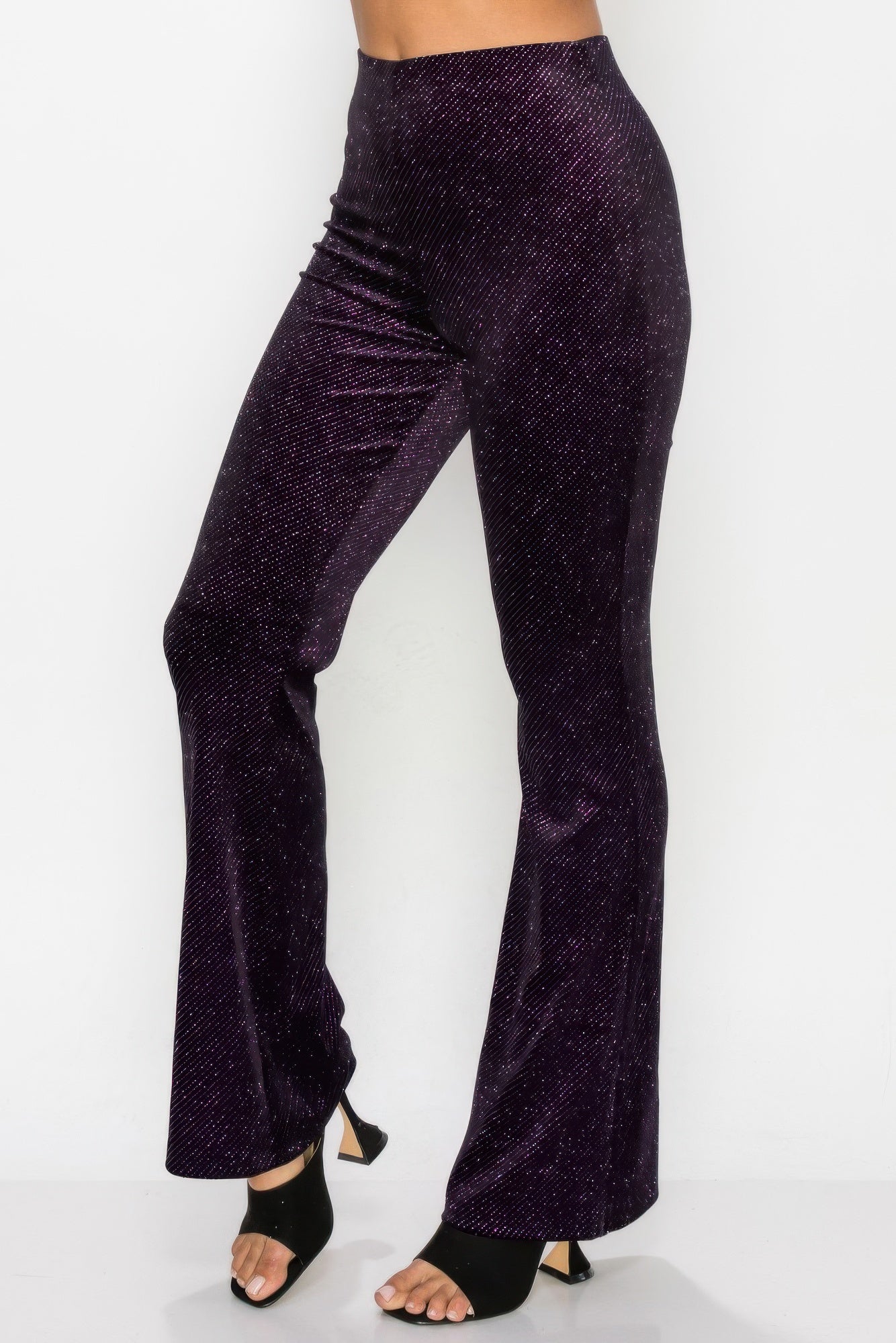 Glittery flare pants, high-rise elastic waist, black-purple sparkly texture