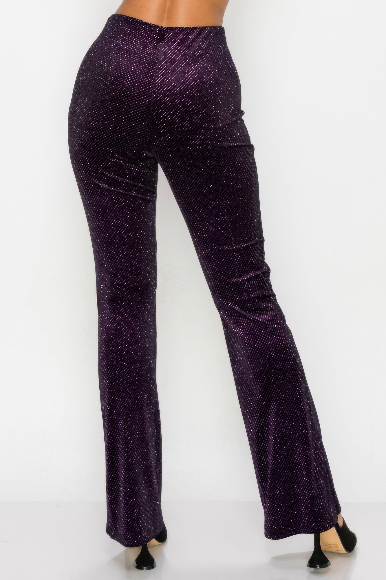 Glittery flare pants, high-rise elastic waist, black-purple glitter knit