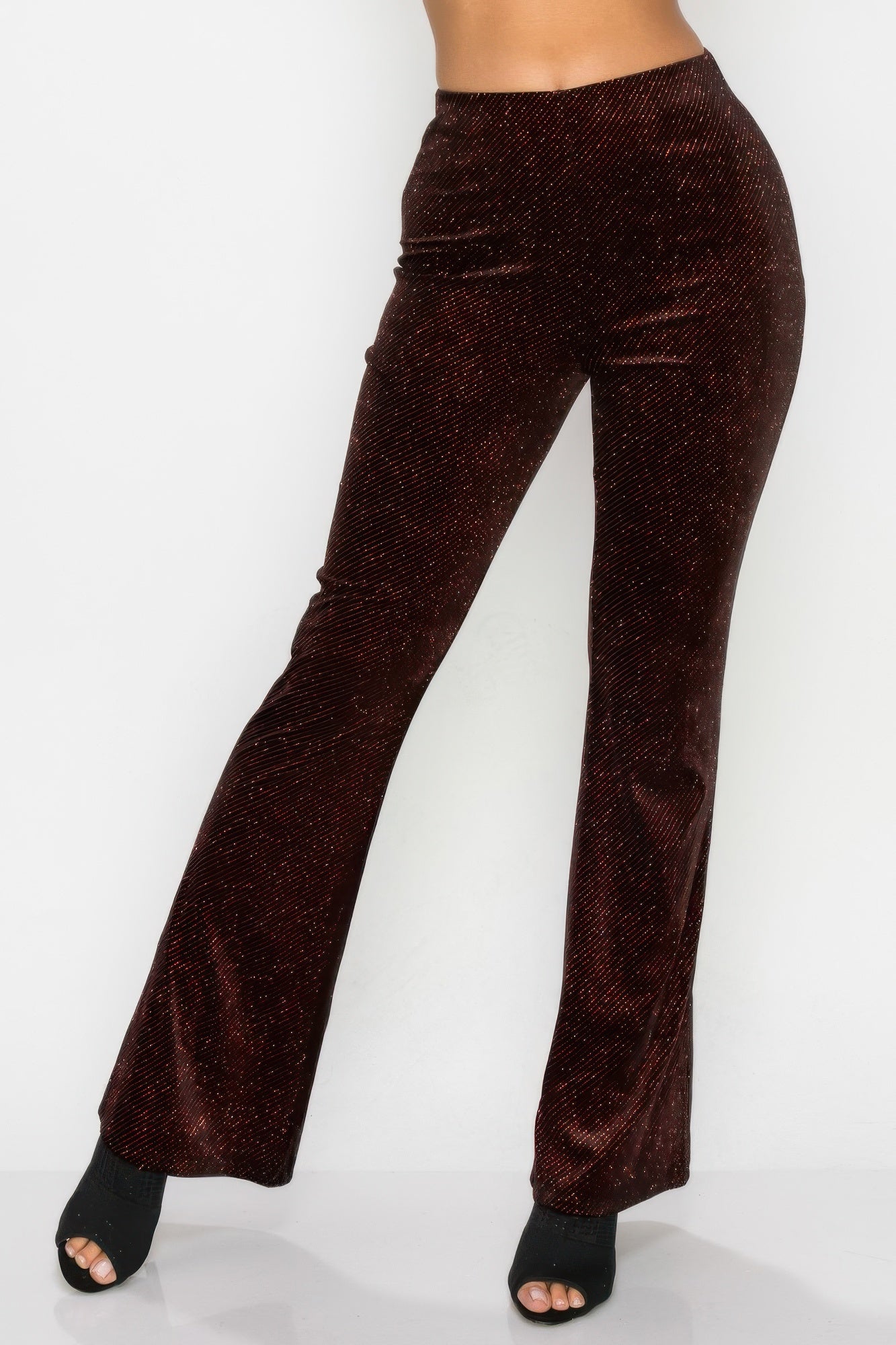 Glittery flare high-rise elastic pants, dark burgundy glitter finish