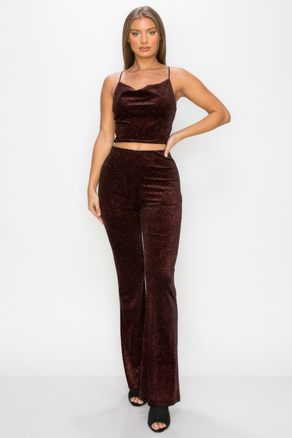 Glittery flare high-rise elastic pants, burgundy sparkle, wide flared leg