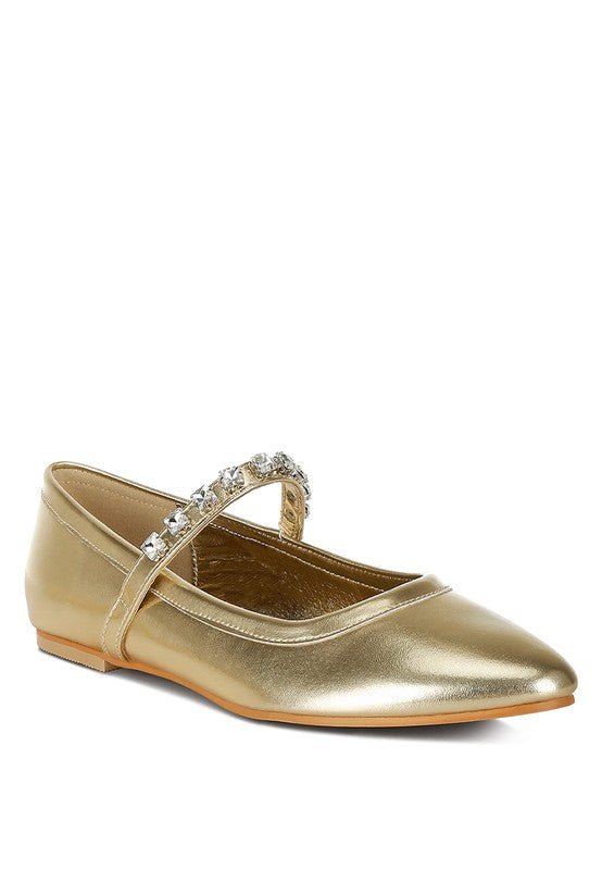 Gloxinia metallic gold Mary Jane flats with rhinestone strap and low heel