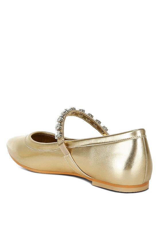 Gloxinia metallic gold Mary Jane flats, rear view with rhinestone T-strap