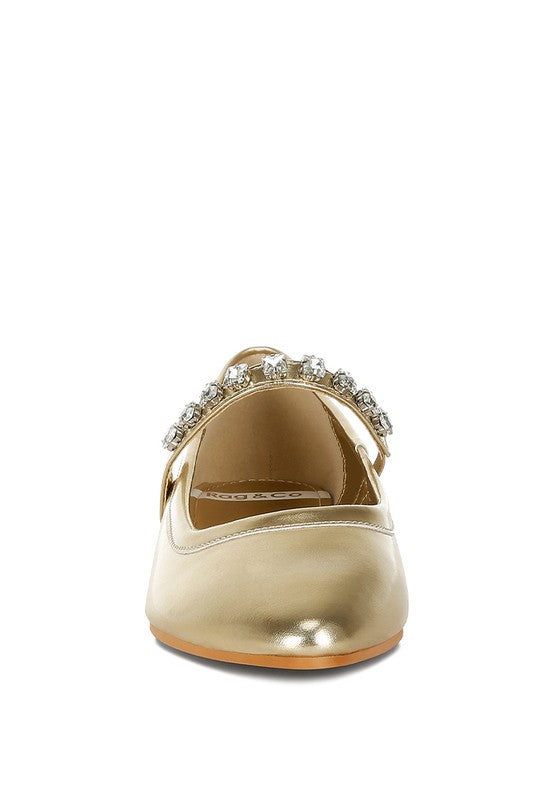Gloxinia metallic gold Mary Jane flats, rounded toe and rhinestone strap detail