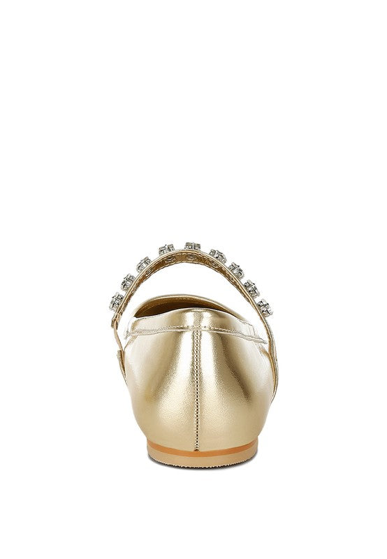 Gloxinia metallic gold Mary Jane flats, back view with heel seam and rhinestones